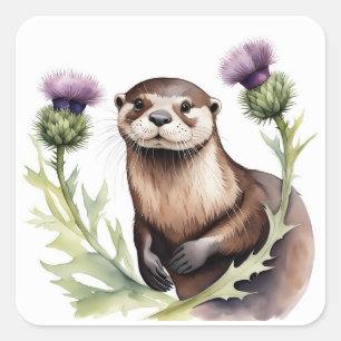 Sticker Carré Une loutre avec un chardon