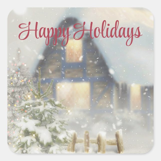 Sticker Carré Une maison avec un arbre de Noël et une clôture (Devant)