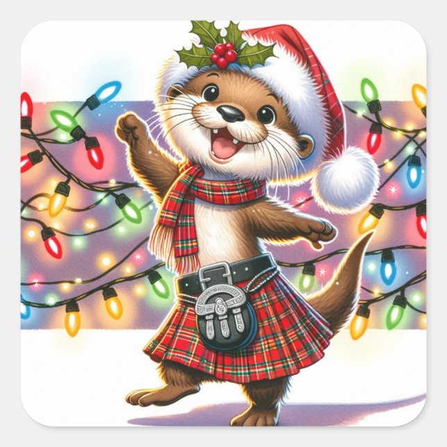 Sticker Carré Une Otter de Noël écossaise festive (Devant)