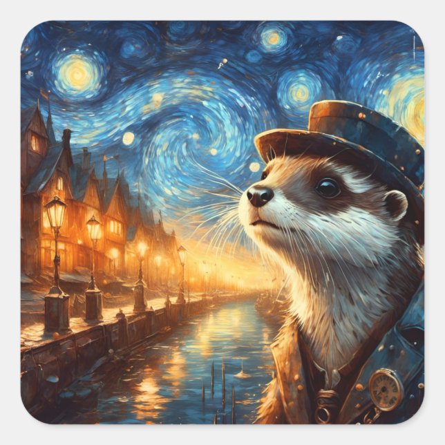 Sticker Carré Une Otter Steampunk dans la nuit étoilée (Devant)