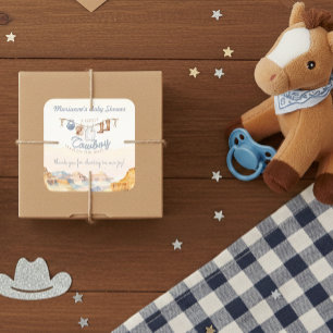 Sticker Carré Une petite Baby Shower Western Canyon Cowboy