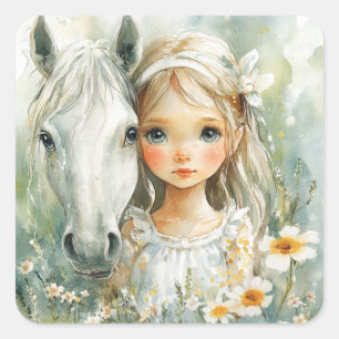 Sticker Carré Une petite fille avec un cheval