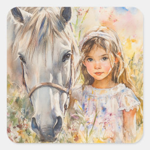 Sticker Carré Une petite fille avec un cheval