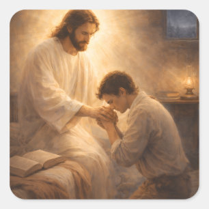 Sticker Carré Une prière à genoux avec Jésus