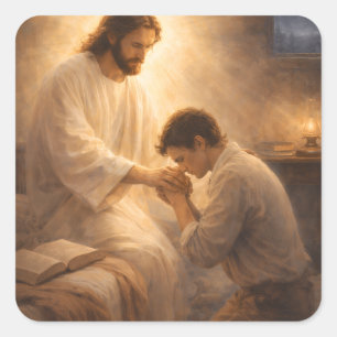 Sticker Carré Une prière à genoux avec Jésus