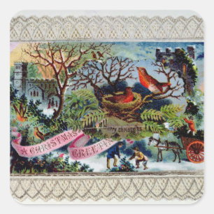 Sticker Carré Une salutation de Noël, carte postale victorienne