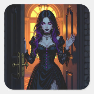 Sticker Carré Une sorcière noire et violette Halloween