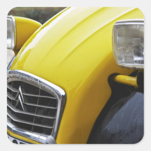 Sticker Carré Une vieille Citroen 2CV 2 CV noire et jaune, détai