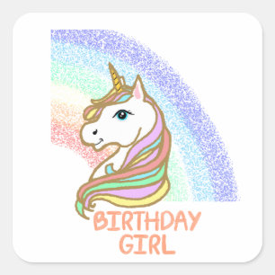 Sticker Carré Unicorn Birthday Girl Rainbow