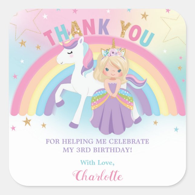 Sticker Carré Unicorn Blonde Princesse Anniversaire Merci Favori (Devant)