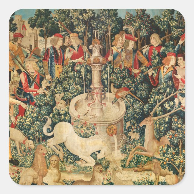 Sticker Carré UNICORN EST TROUVÉ / Fontaine et autres animaux (Devant)