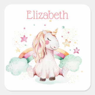 Sticker Carré Unicorn et Rainbow