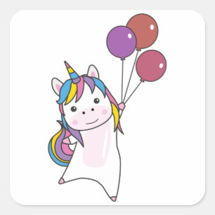 Sticker Carré Unicorn Mouches Avec Ballons Au-Dessus De Mignonne