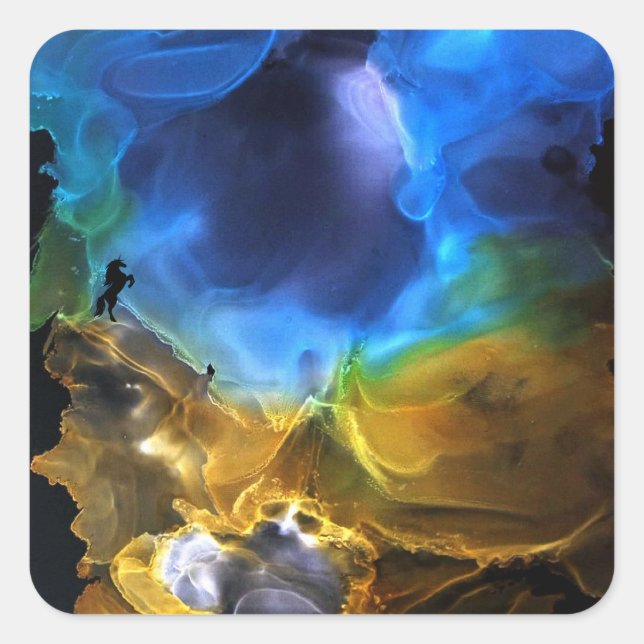Sticker Carré Unicorn Space Nebula bleu jaune Alcool art (Devant)