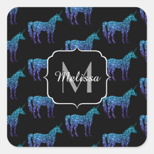 Sticker Carré Unicorn Sparkles aqua blue ombre motif Monogramme