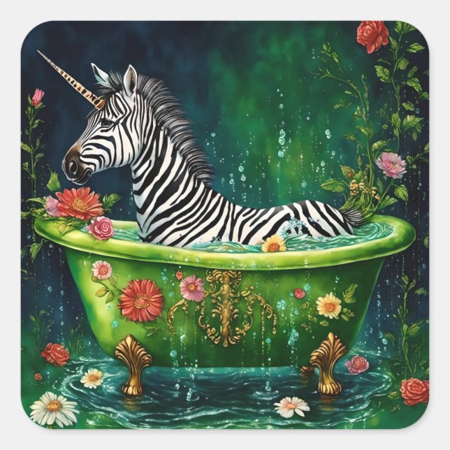 Sticker Carré Unicorn Zebra dans une baignoire (Devant)