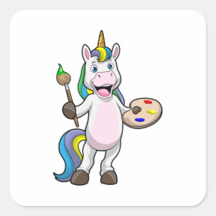 Sticker Carré Unicorne à la peinture avec pinceau et couleur