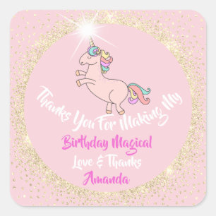 Sticker Carré Unicorne Birthay Party rose Merci Gold Spark