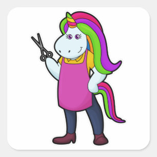 Sticker Carré Unicorne comme coiffeur avec ciseaux