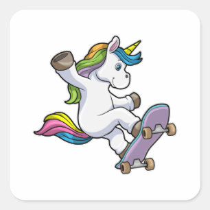Sticker Carré Unicorne comme patineur avec skateboard