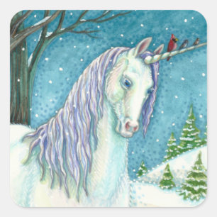 STICKER CARRÉ UNICORNE D'HIVER ET OISEAUX, PAYSAGE DE NEIGE PAIS