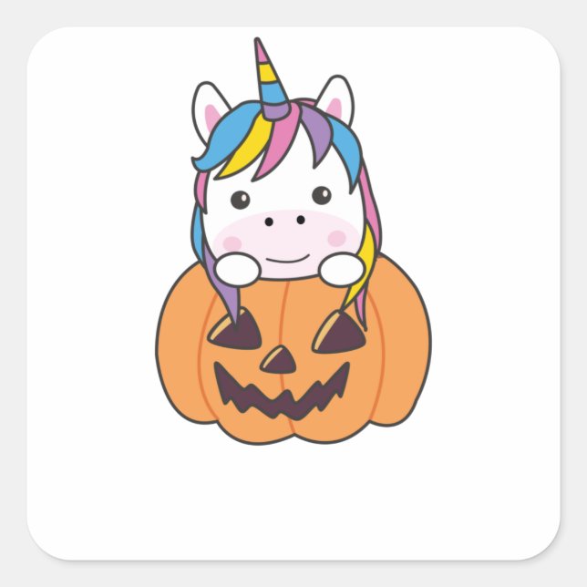 Sticker Carré Unicorne En Citrouille Cute Unicorns Halloween Heu (Devant)