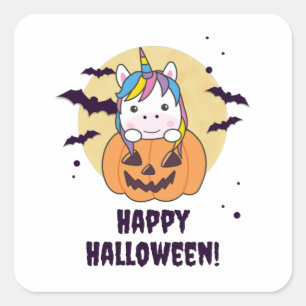 Sticker Carré Unicorne En Citrouille Cute Unicorns Halloween Heu