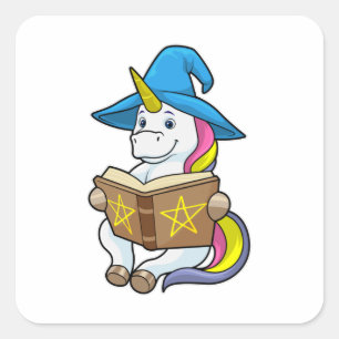 Sticker Carré Unicorne en tant qu'assistant avec livre et Casque