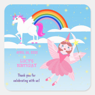 Sticker Carré Unicorne et Fairy Magie fête d'anniversaire