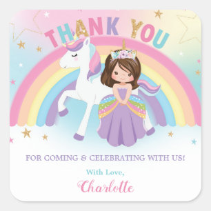 Sticker Carré Unicorne et princesse Anniversaire Merci Favoriser