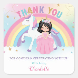 Sticker Carré Unicorne et princesse Anniversaire Merci Favoriser