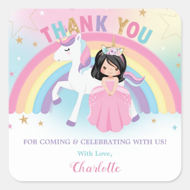 Sticker Carré Unicorne et princesse Anniversaire Merci Favoriser (Devant)