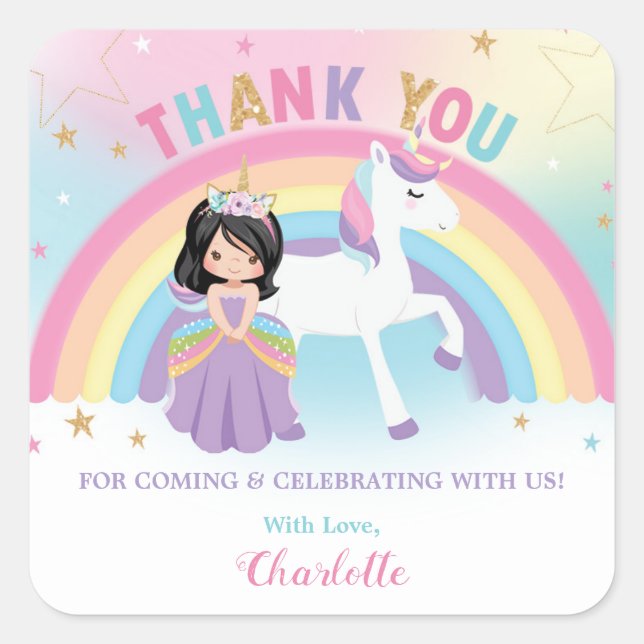 Sticker Carré Unicorne et princesse Anniversaire Merci Favoriser (Devant)