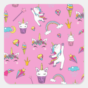 Sticker Carré Unicorne Fan Club motif rose