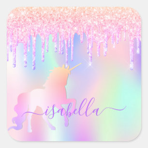 Sticker Carré Unicorne parties scintillant rose iridescente rose