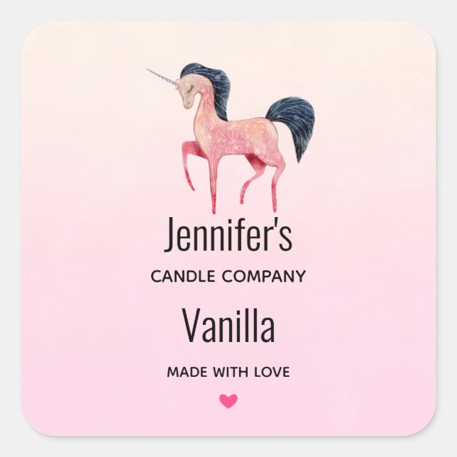 Sticker Carré Unicorne rose avec Black Mane Candle Business (Devant)