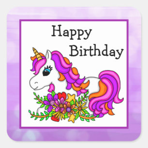 Sticker Carré Unicorne rose et violet et fleurs Anniversaire