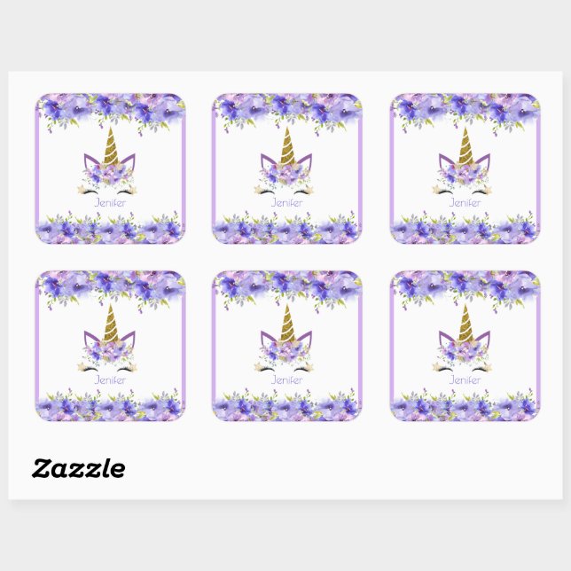 Sticker Carré Unicorne violet frais Décorations d'anniversaire (Feuille)