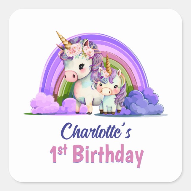 Sticker Carré Unicorne violette personnalisée 1er anniversaire (Devant)