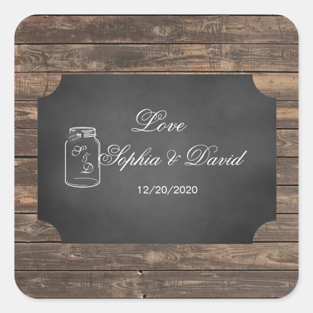 Sticker Carré Unique Rustic Mason Jar Chalkboard Mariage (Devant)