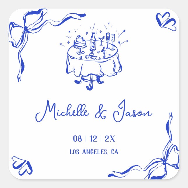 Sticker Carré Unique Whimsical Quirky Bleu Main Tirée Français B (Devant)