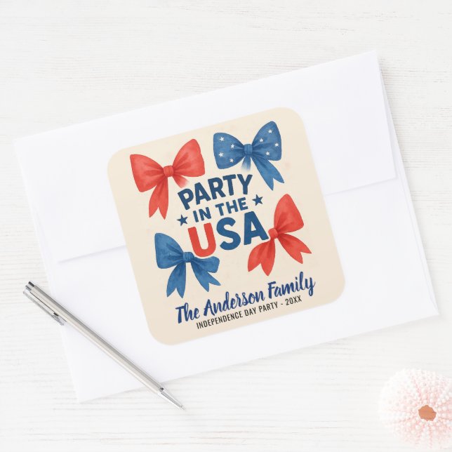 Sticker Carré USA Red and Blue Bows Patriotic (Enveloppe)