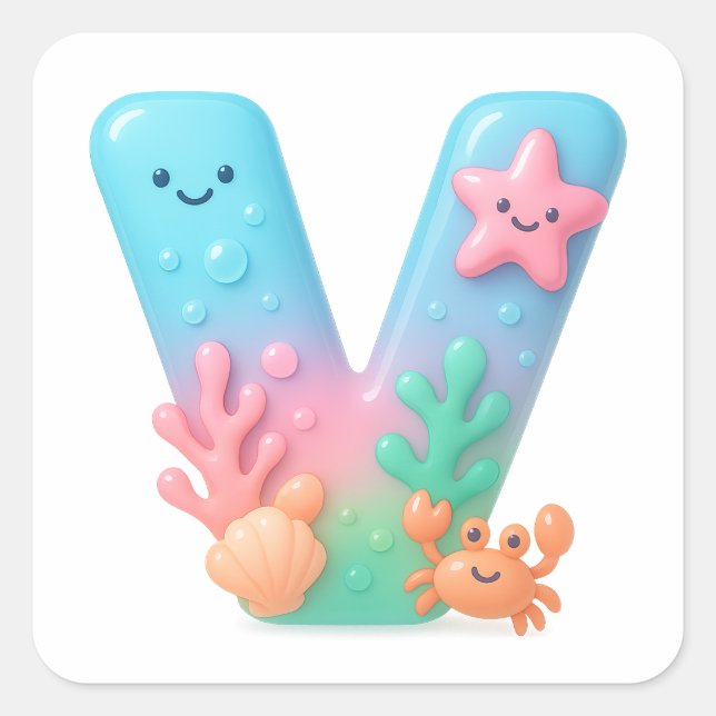 Sticker Carré "V" Cute Letter - Underwater Sea Creature  (Devant)