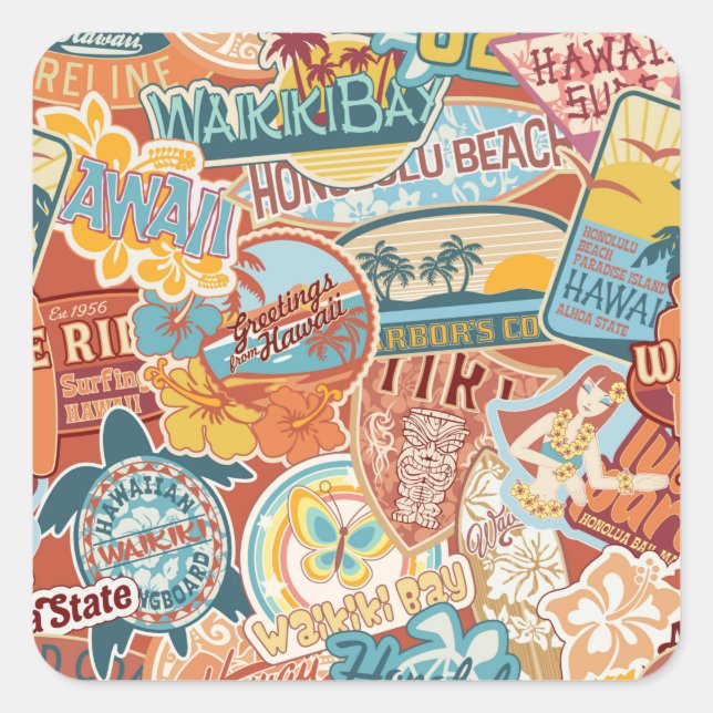 Sticker Carré Vacances balnéaires Waikiki Bay Hawaii (Devant)