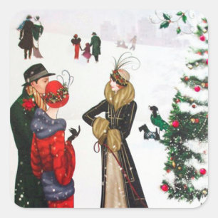 Sticker Carré Vacances de Noël Art déco rétro