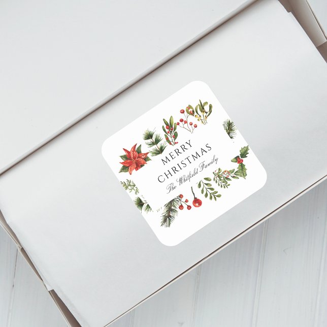 Sticker Carré Vacances de Noël en famille aquarelle (Christmas Red Berries Botanical Greenery Script Envelope Seal Sticker)