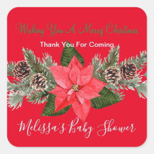 Sticker Carré Vacances d'hiver Pinecones Poinsettia Merci