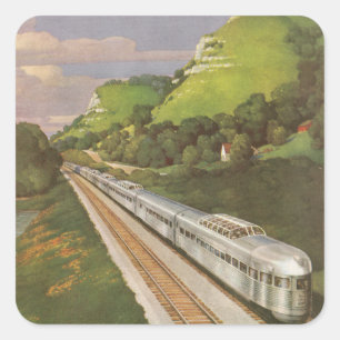 Sticker Carré Vacances en train vintage, locomotive à la campagn