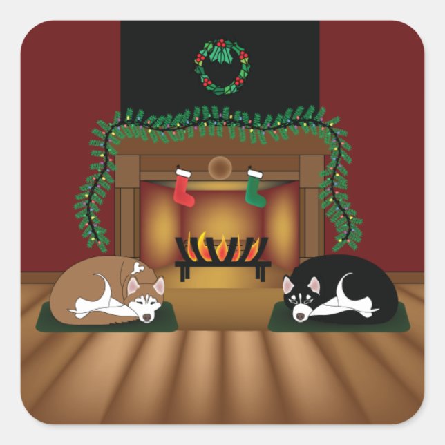 Sticker Carré Vacances Huskies by the Fireplace Sickers (Devant)