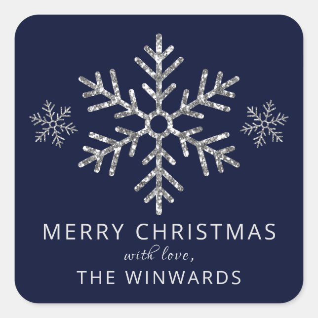 Sticker Carré Vacances Parties scintillant bleu et argent Flocon (Devant)